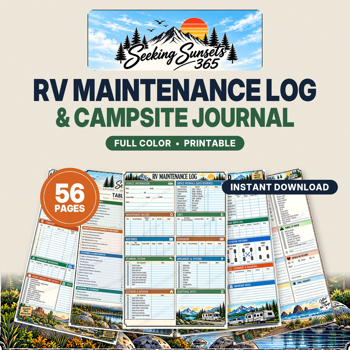 RV Maintenance Log & Campsite Journal – 56-Page Printable for 3 Ring Binder